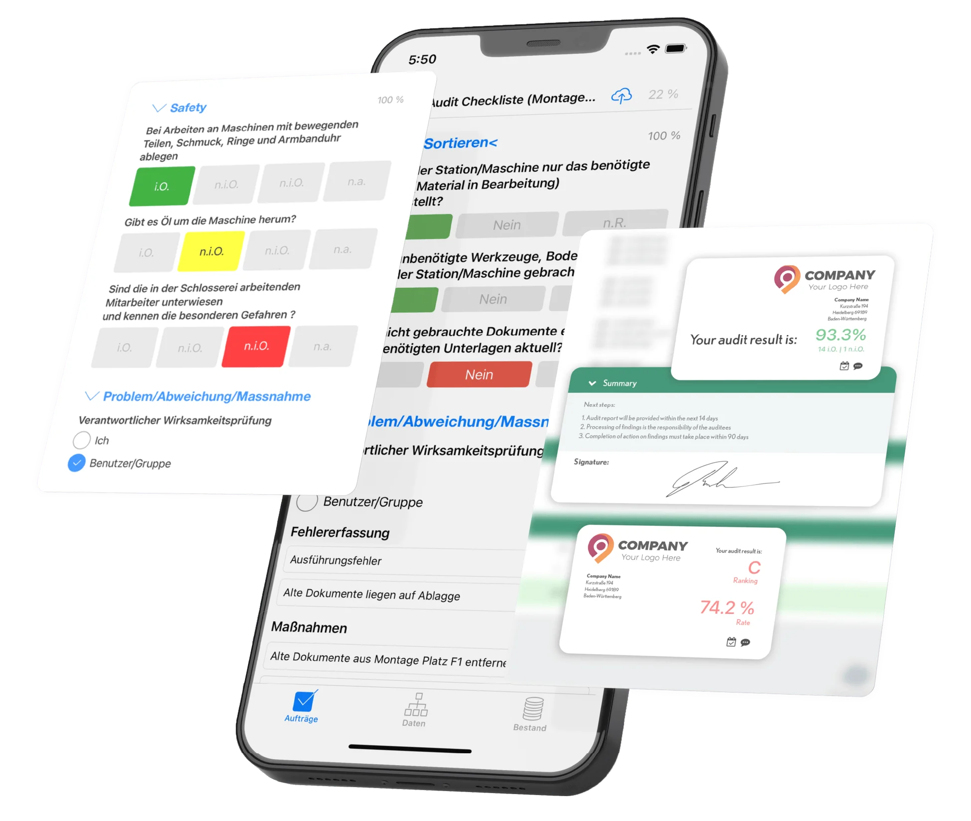 Mobile2b Audit App - Checklisten, Bewertungen und Audit-Ergebnisse auf dem Smartphone