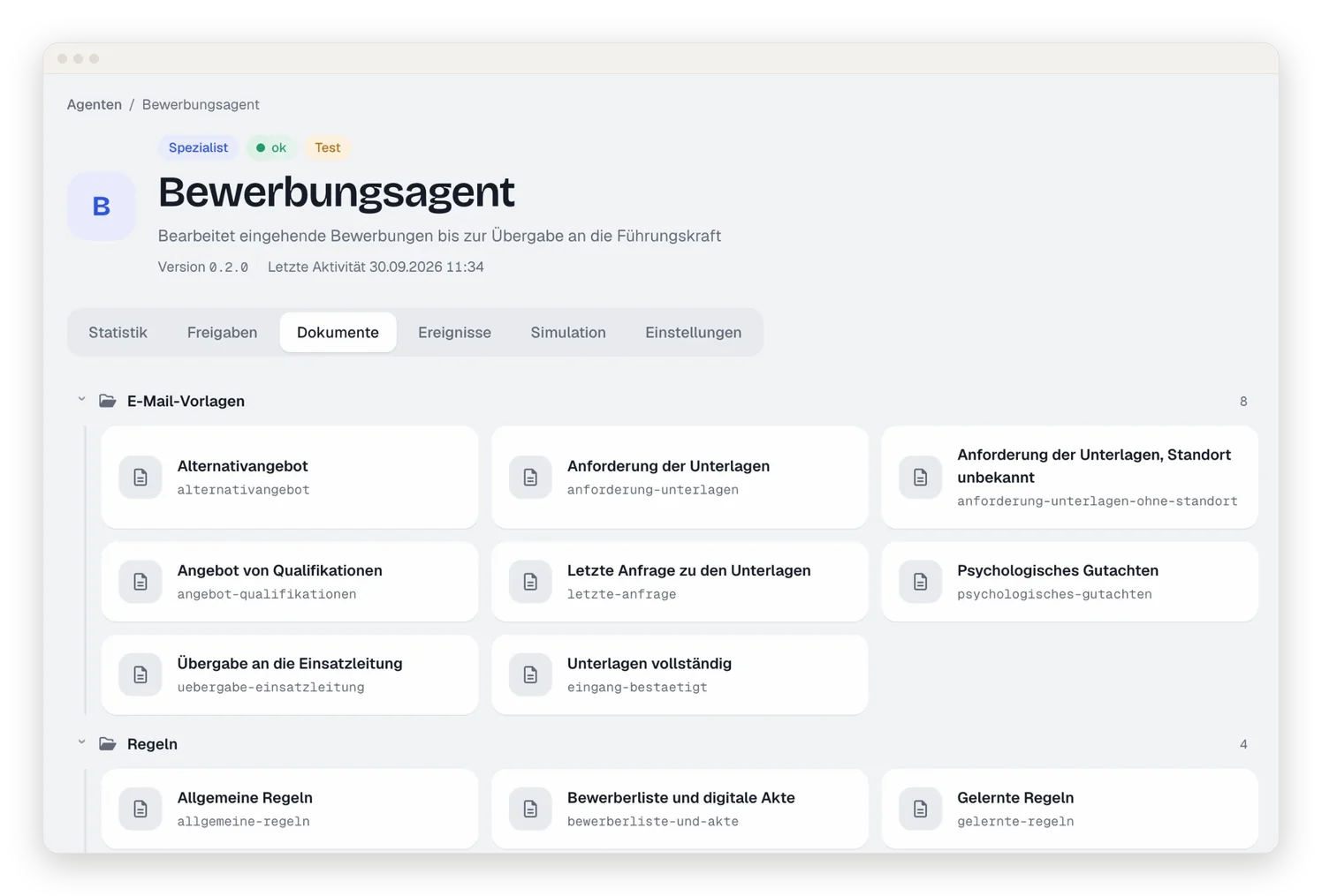 Vorlagen und Regeln des Bewerbungsagenten