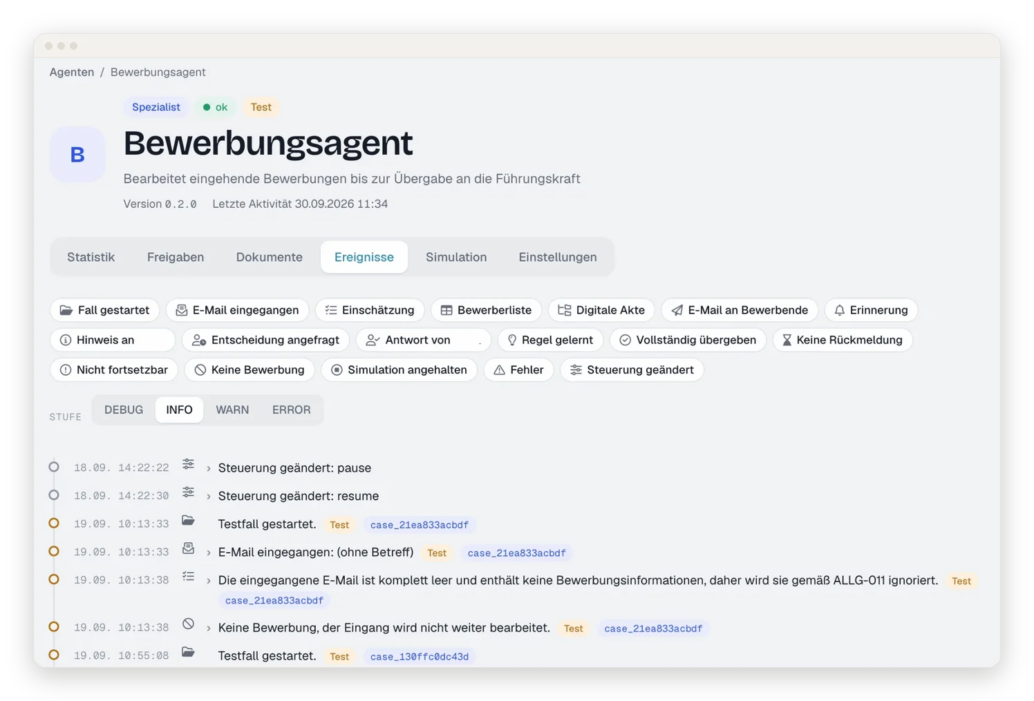 Ereignisprotokoll des Bewerbungsagenten